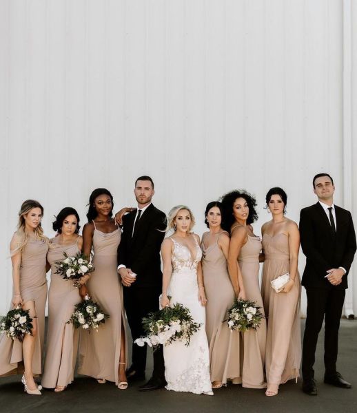 short bridesmaids dress styles in neutrals, Champagne, beige, nude, ivory, oyster, tan, taupe