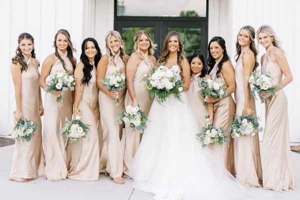 bridesmaids dress styles in neutrals, Champagne, beige, nude, ivory, oyster, tan, taupe