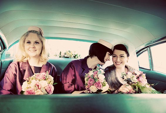 vintage bridal party in classic car we are the mastersons wedding photography