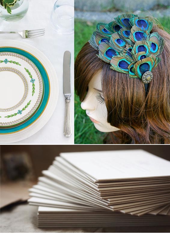 peacock wedding hair piece and table setting