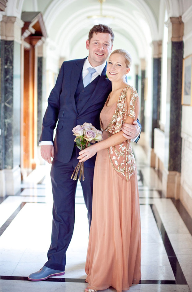 Navy Groom Style and Blush Wedding Dress