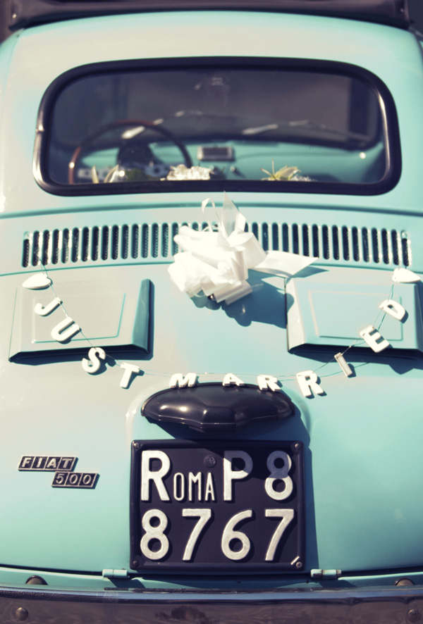 turquoise vintage wedding car