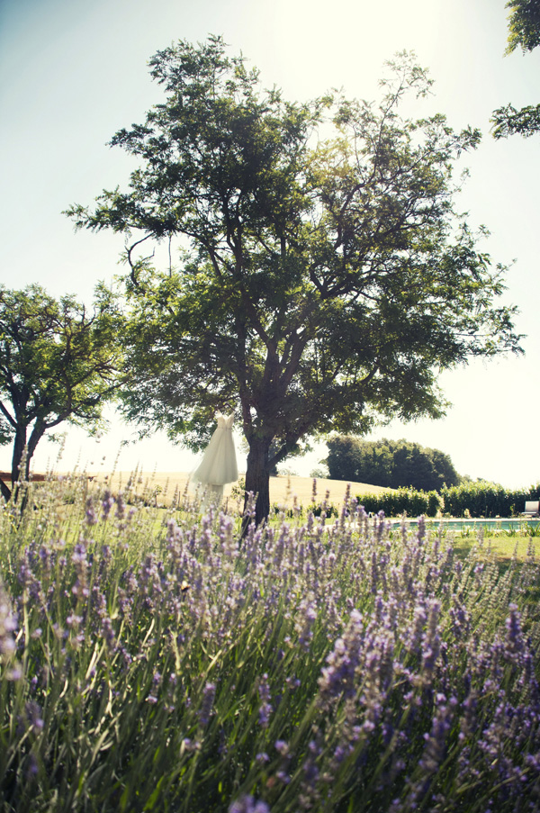 wedding dress in lavender field