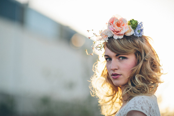 peach pink and blue headpiece