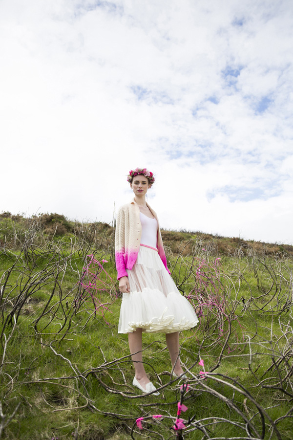 wedding dress with neon pink aran cardigan