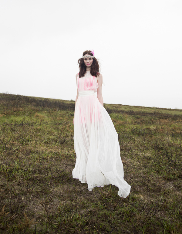 sheer weddign gown with neon pink underlay