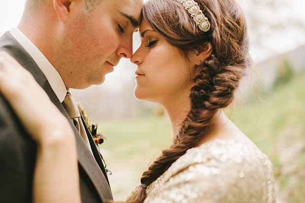 bride with fishtale plait and beaded silver headband