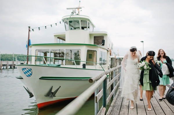 bride and bridesmaids at the pier