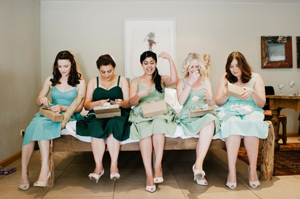 multicoloured green bridesmaid dresses