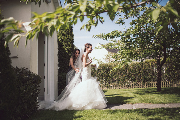 bridal gown with full tulle shirt and fitted bodice