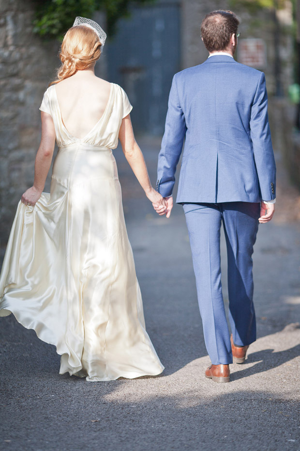 bride with silk flowing dress