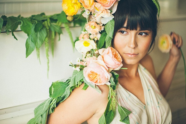 peach and green garden headpiece shot by Emily Blake