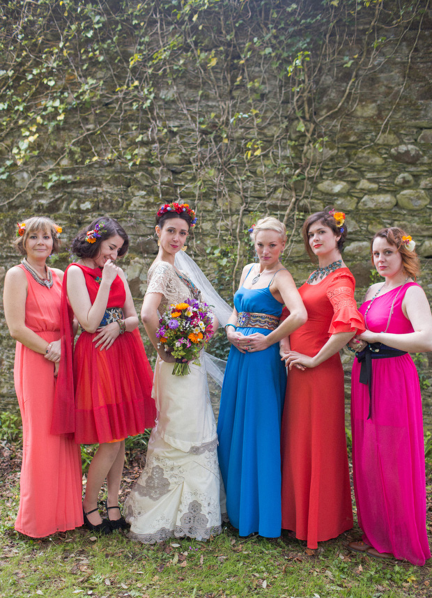 colourful bride and bridesmaids