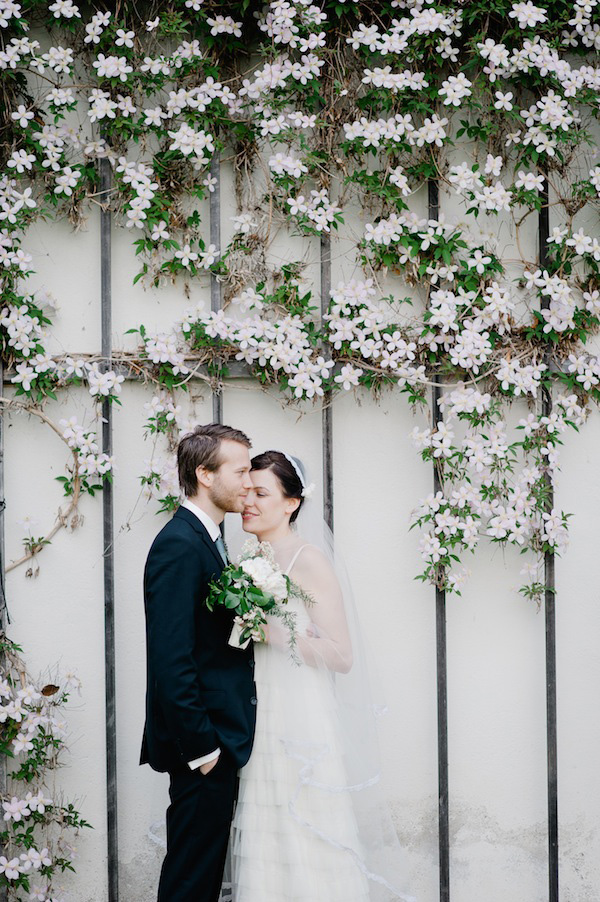 bride and groom portrait in a garden