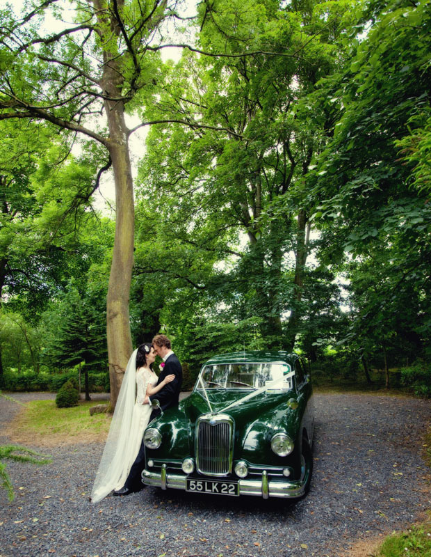 wedding portrait with vintage car