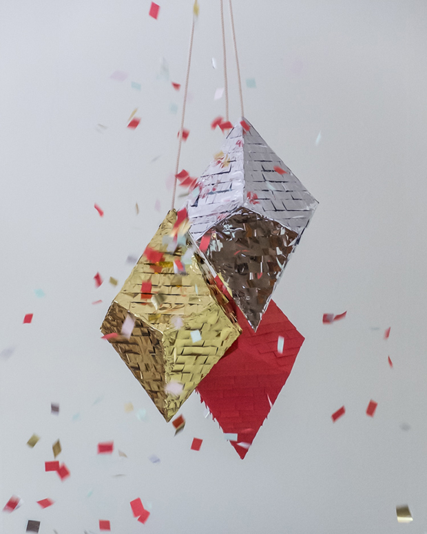 Gold, silver and red pinatas from Prospect Goods