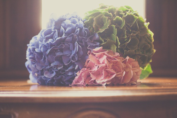 blue pink and green hydrangea bouquet