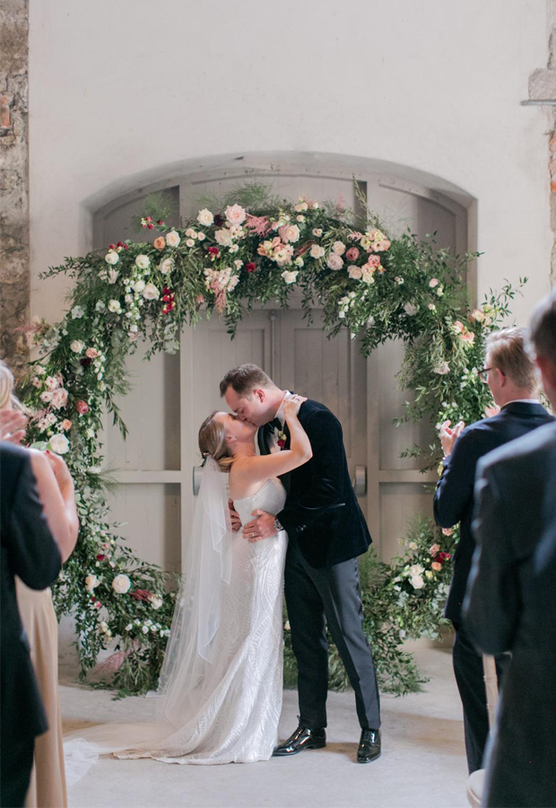 Indoor floral moon gate ceremony backdrop | One Fab Day