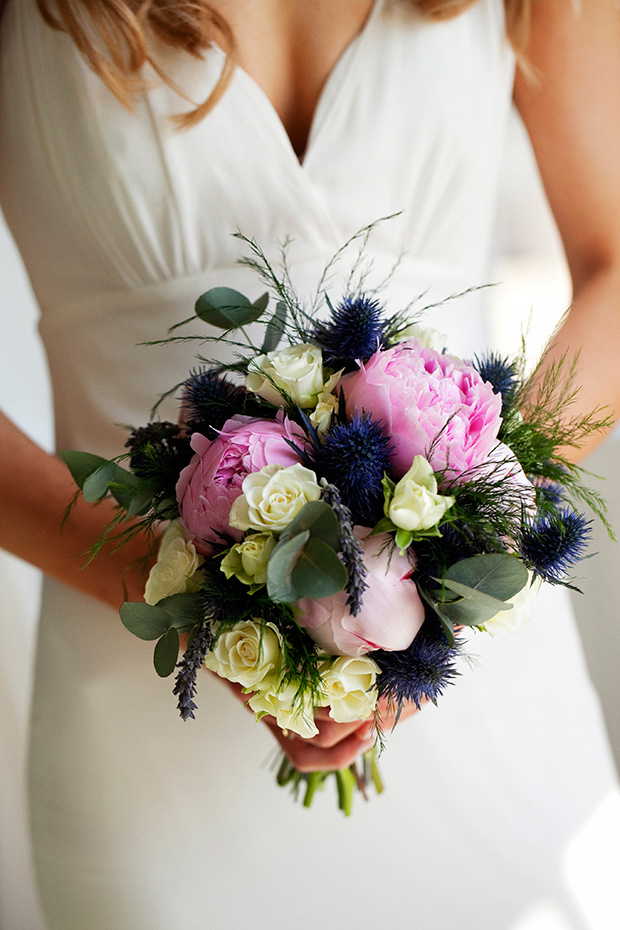 pink, cream and blue bouquet