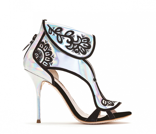 Sophia Webster Silver hologram sandal with embroidery detail.