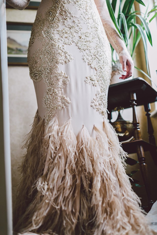 mermaid wedding dress with feather detail