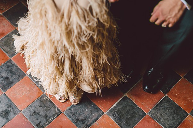 wedding gown with feather skirt