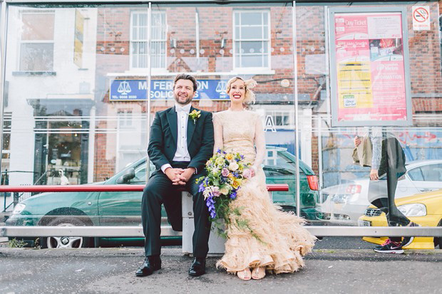 wedding portrait at a bus stop