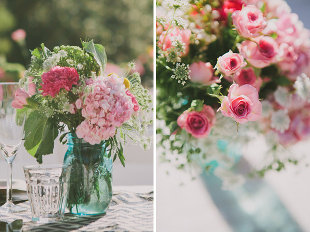 aqua mason jars with gorgeous blooms  | onefabday.com