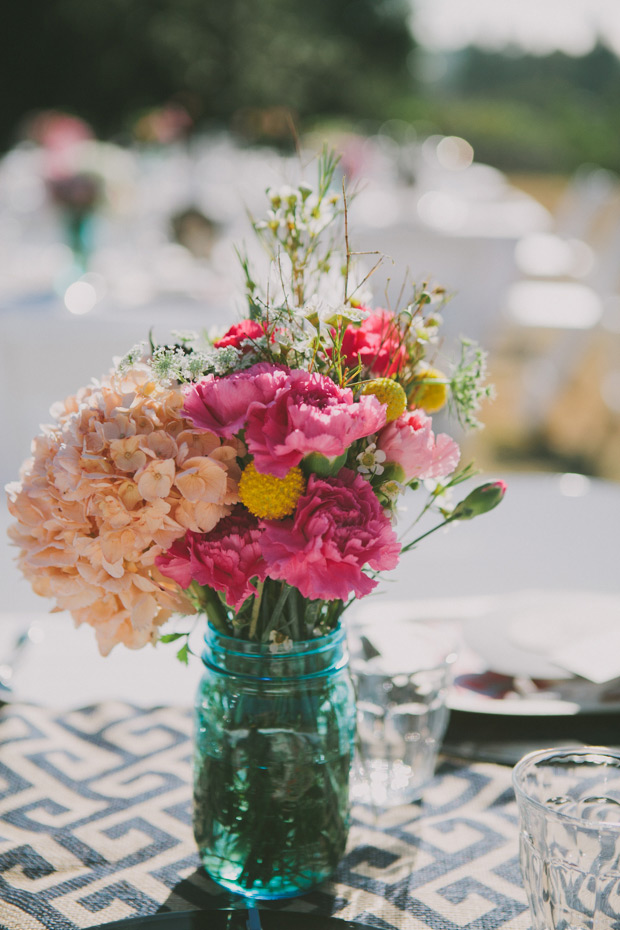 aqua mason jars with gorgeous blooms  | onefabday.com