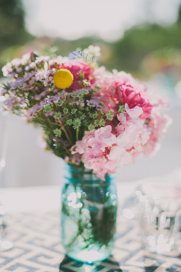 aqua mason jars with gorgeous blooms  | onefabday.com