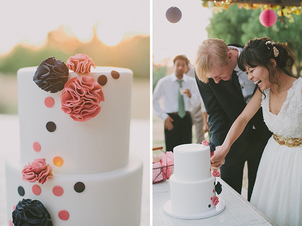 navy and pink polka dot ruffle wedding cake | onefabday.com