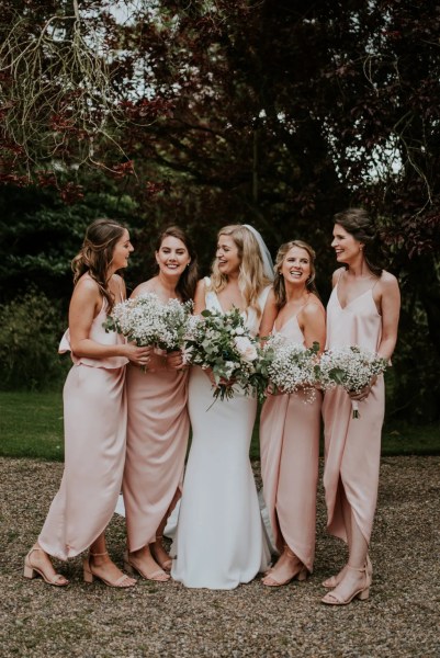 midi satin blush bridesmaids dresses