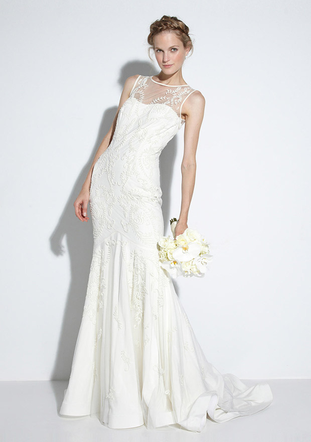 Elegant lace overlaid Wedding Gown by Nicole Miller from the Fall 2014 Bridal Collection | see the rest: onefabday.com