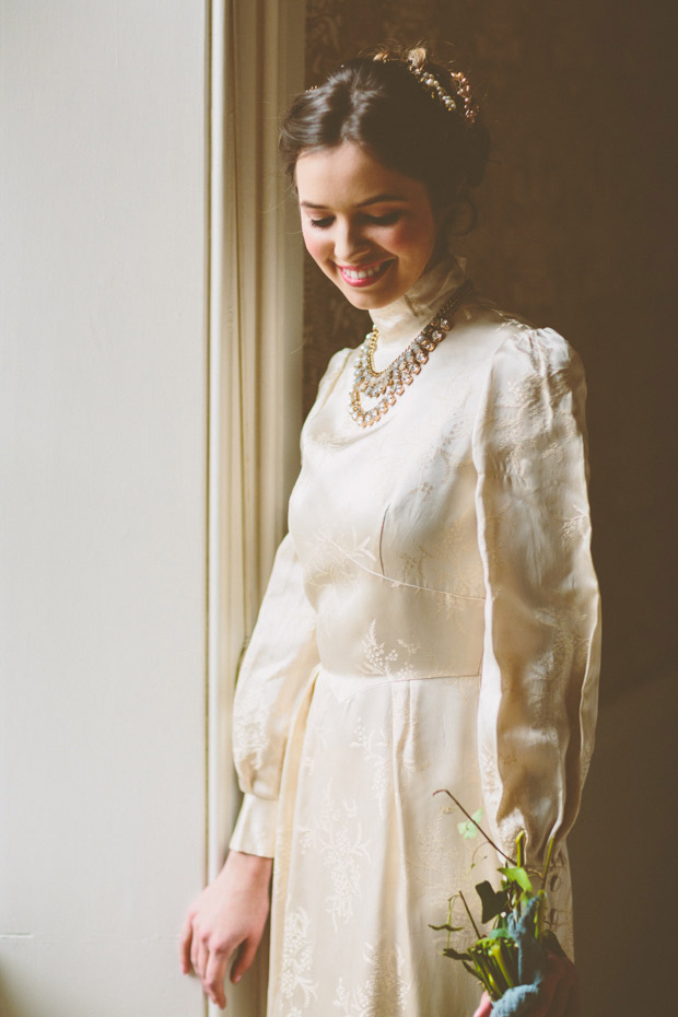 Vintage style bride with high neck edwardian wedding dress