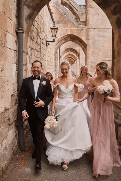 Blush off the shoulder bridesmaids dresses