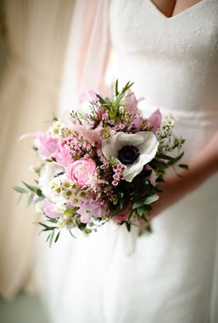 pretty pink brial bouquet with anemones, sweet pea and ranunculus | onefabday.com