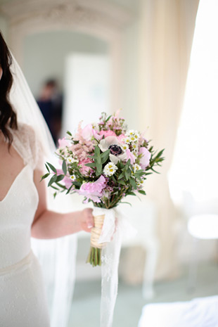 pretty pink brial bouquet with anemones, sweet pea and ranunculus | onefabday.com