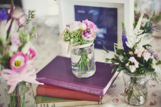 vintage style wedding decor with teacups, jam jars and florals | onefabday.com