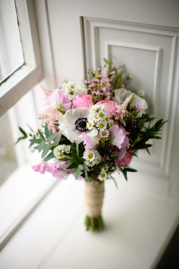 pretty pink brial bouquet with anemones, sweet pea and ranunculus | onefabday.com