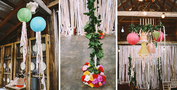 wonderfully eclectic wedding ceremony decor with lampshades and ribbons! onefabday.com