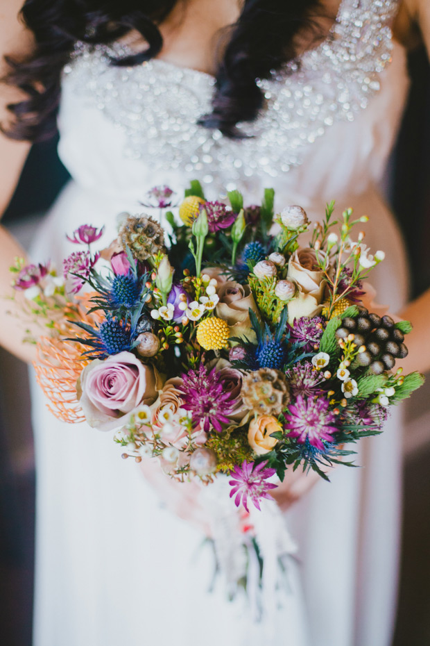 purple, yellow and blue rustic bridal bouquet | onefabday.com