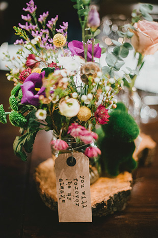 wildflower centerpieces with luggage tag quotes | onefabday.com 