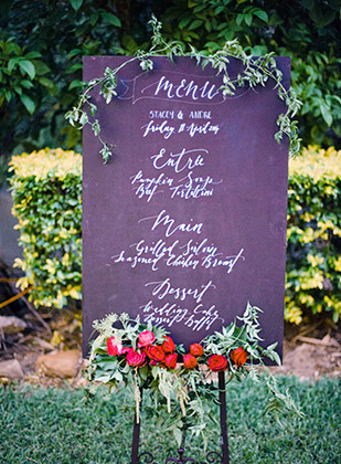 Chalkboard wedding menu with calligraphy | onefabday.com