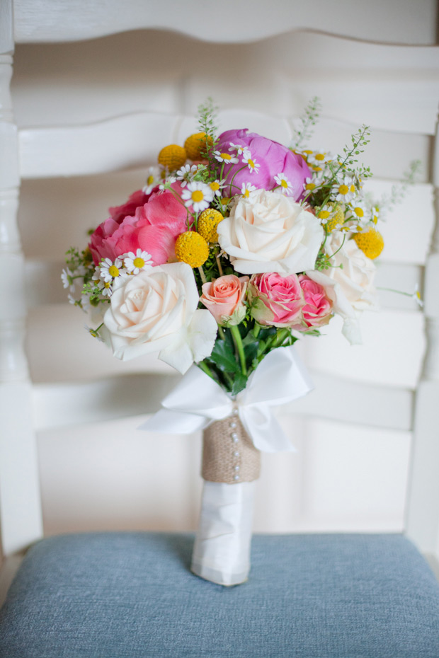 pretty bridal bouquet with burlap and ribbon | onefabday.com