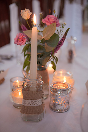 burlap wrapped wedding candles and florals | onefabday.com