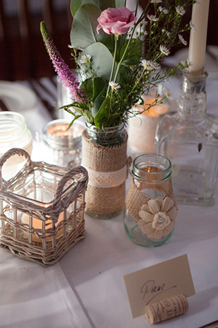 burlap wrapped wedding candles and florals | onefabday.com