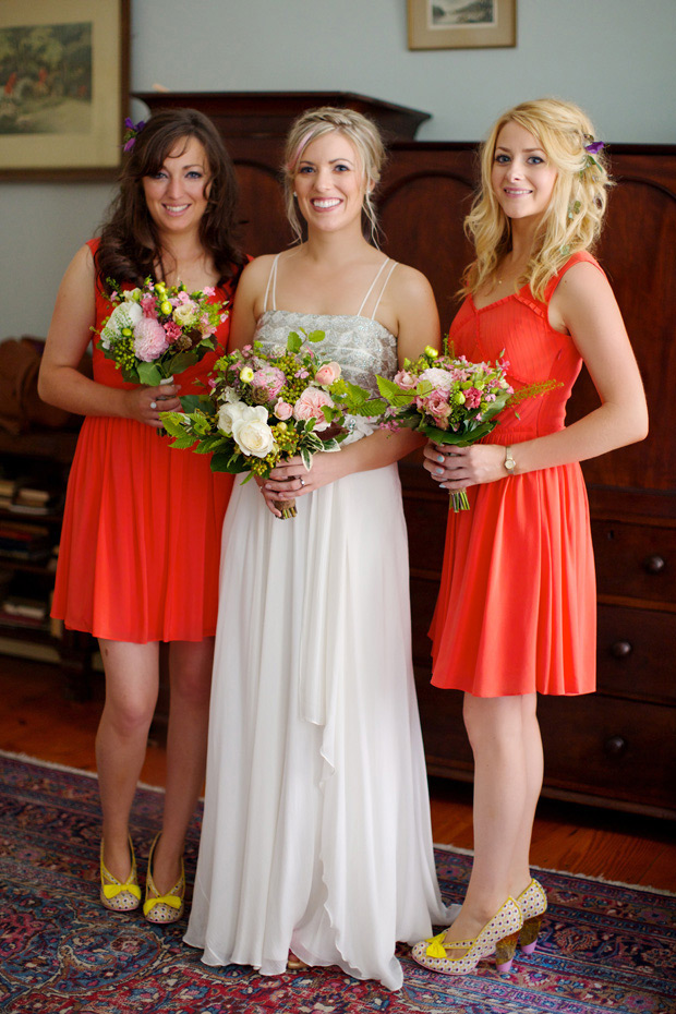 Pretty boho bridal style and orange bridesmaids dresses | onefabday.com