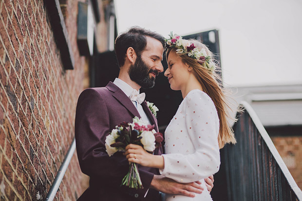 A Groom in Plum and a Bride in a Floral Crown - A Wedding with Style!