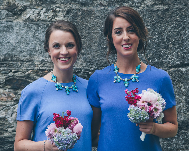 blue bridesmaids and pink bouquets | onefabday.com