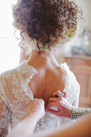 lace wedding dress with button back and bridal flower crown | onefabday.com